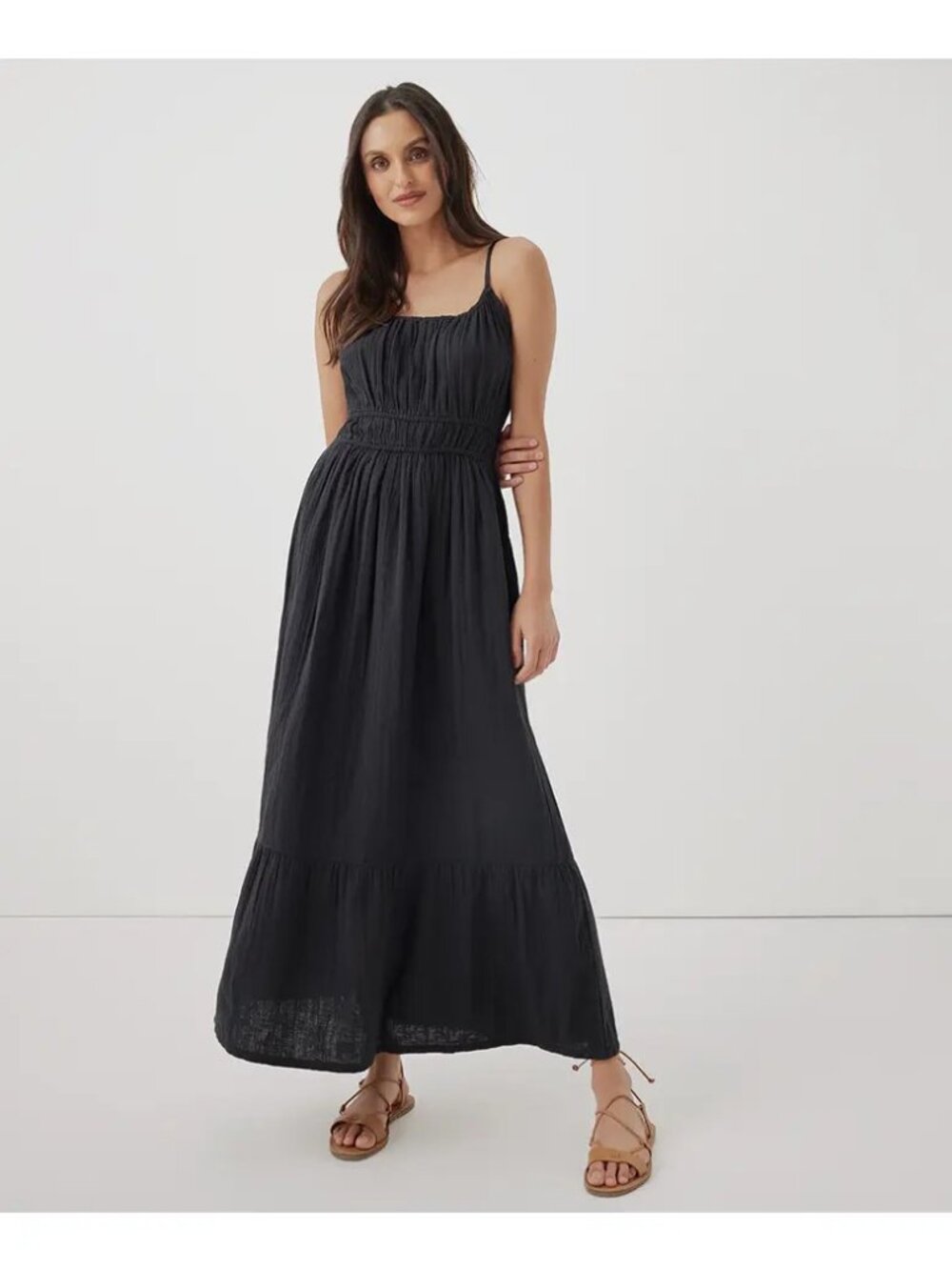 Pact Dark Gray Double Gauze Cami Maxi Dress Size M Boho Natural Coastal